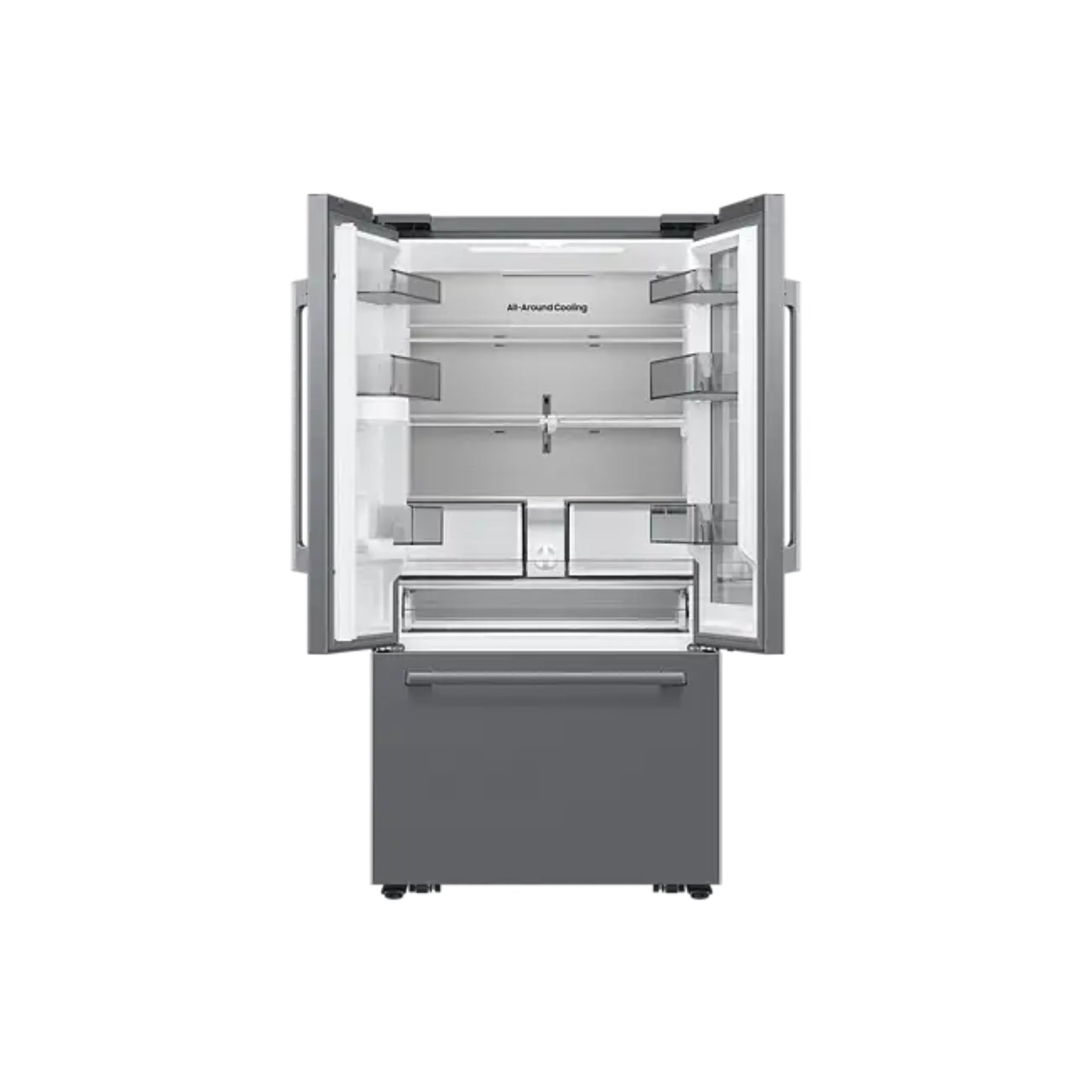 Refrigeradora Samsung gris frontal, interior amplio y moderno