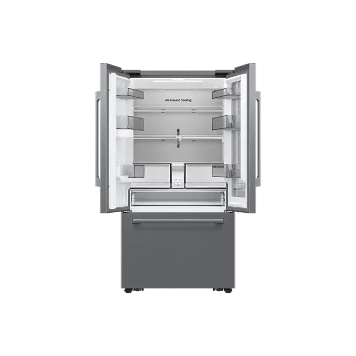 Refrigeradora Samsung gris frontal, interior amplio y moderno