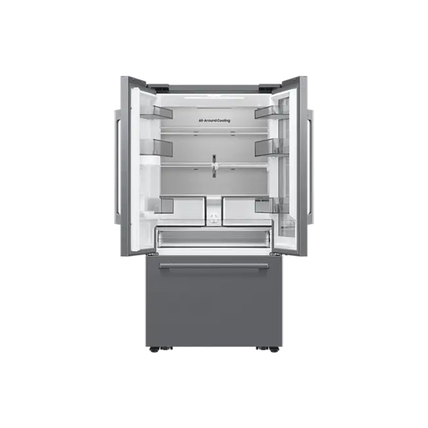 Refrigeradora Samsung gris frontal, interior amplio y moderno