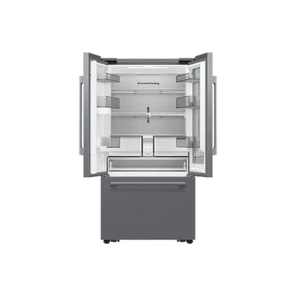 Refrigeradora Samsung gris frontal, interior amplio y moderno