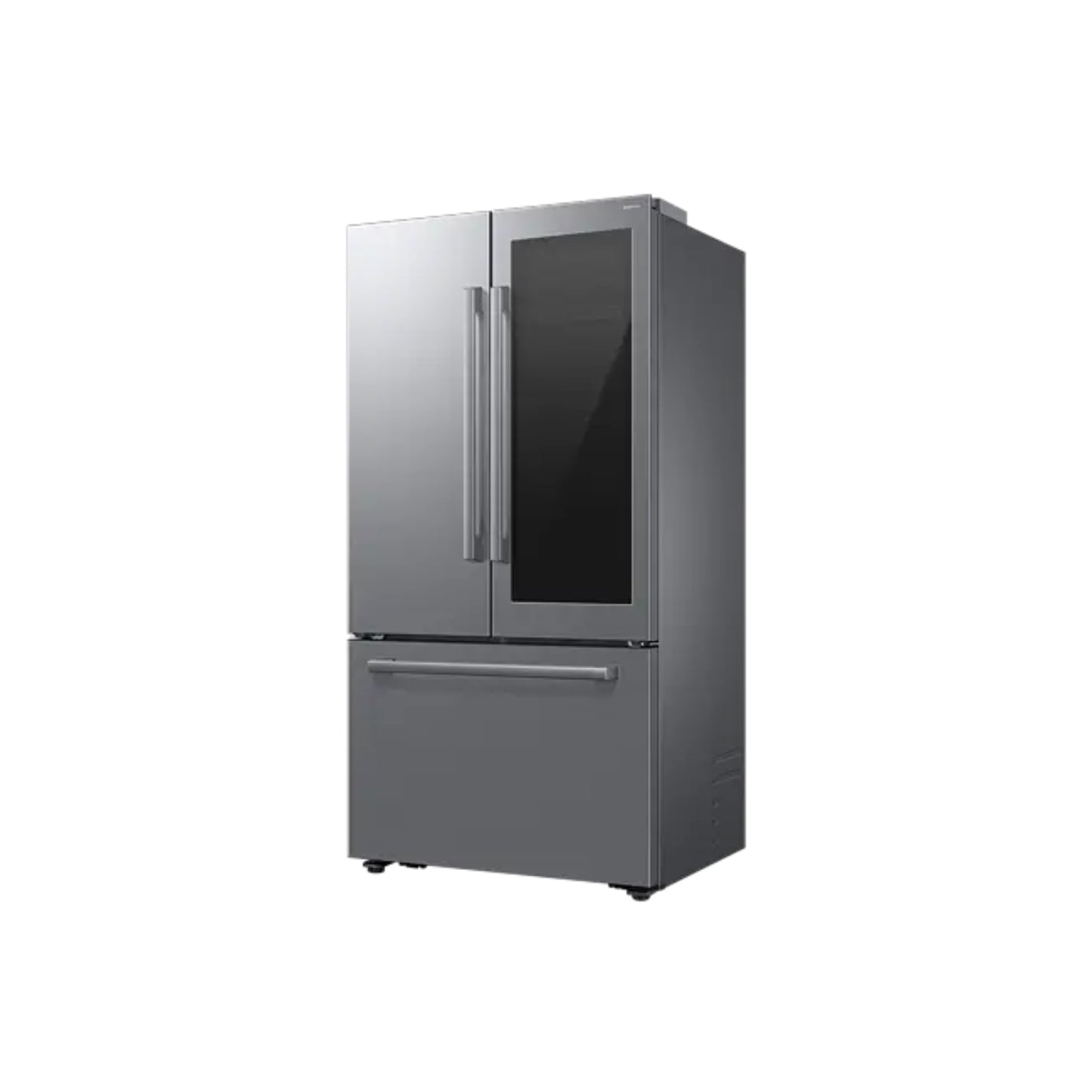 Refrigeradora Samsung gris, vista frontal, diseño moderno para cocina