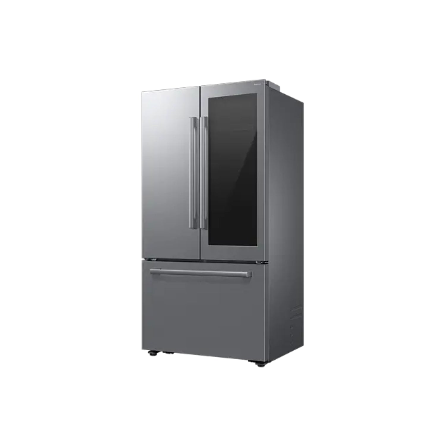 Refrigeradora Samsung gris, vista frontal, diseño moderno para cocina