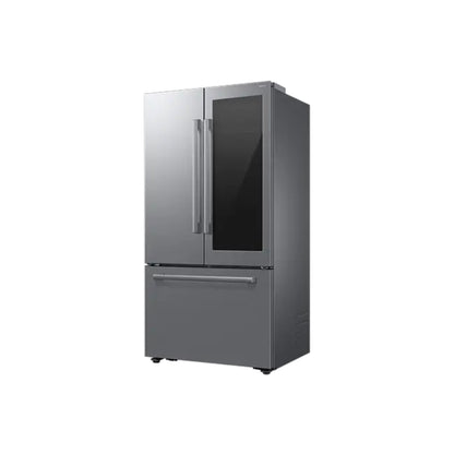 Refrigeradora Samsung gris, vista frontal, diseño moderno para cocina