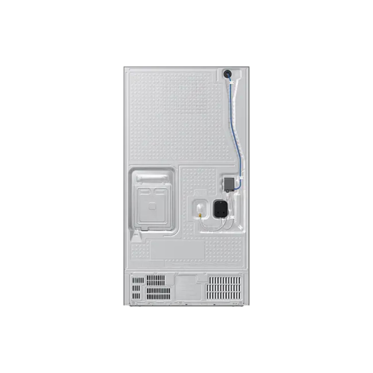 refrigeradora Samsung vista posterior con conexiones y detalles técnicos