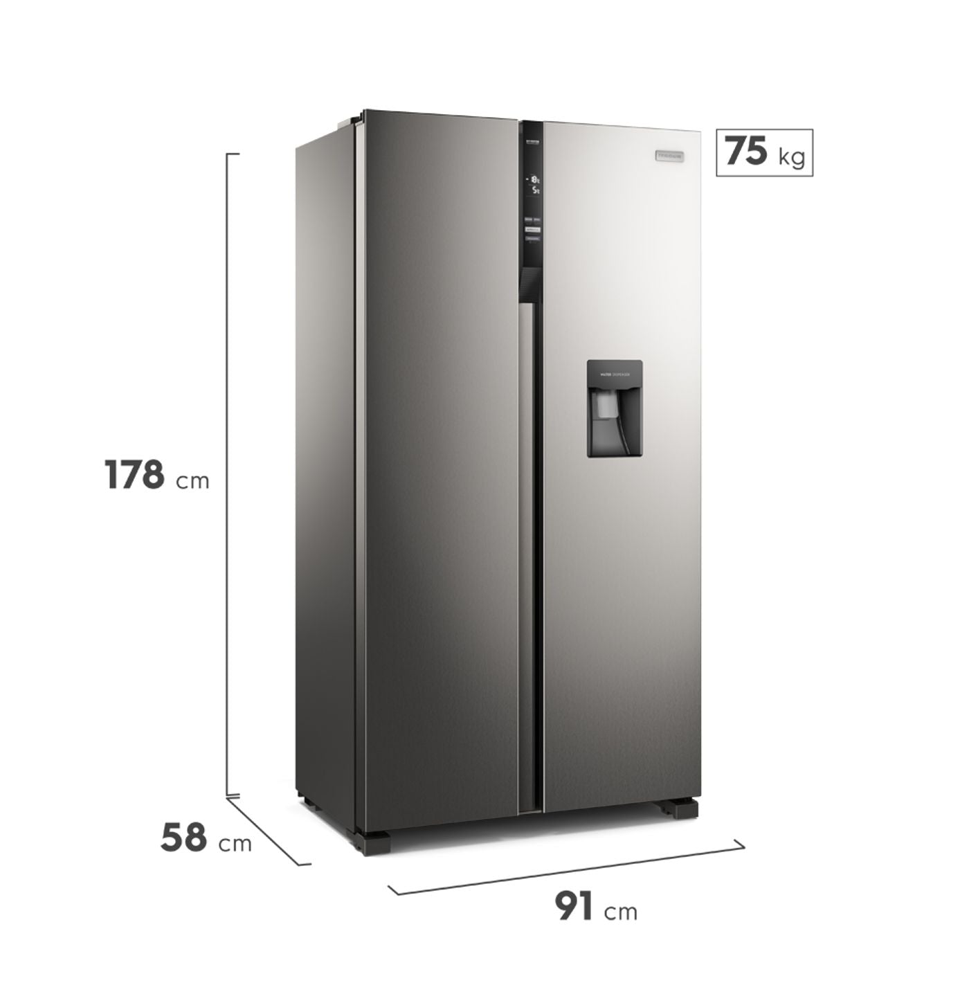 Refrigeradora inverter 15 pies FRIGIDAIRE de acero inoxidable con dispensador de agua y dimensiones de 178 cm x 91 cm