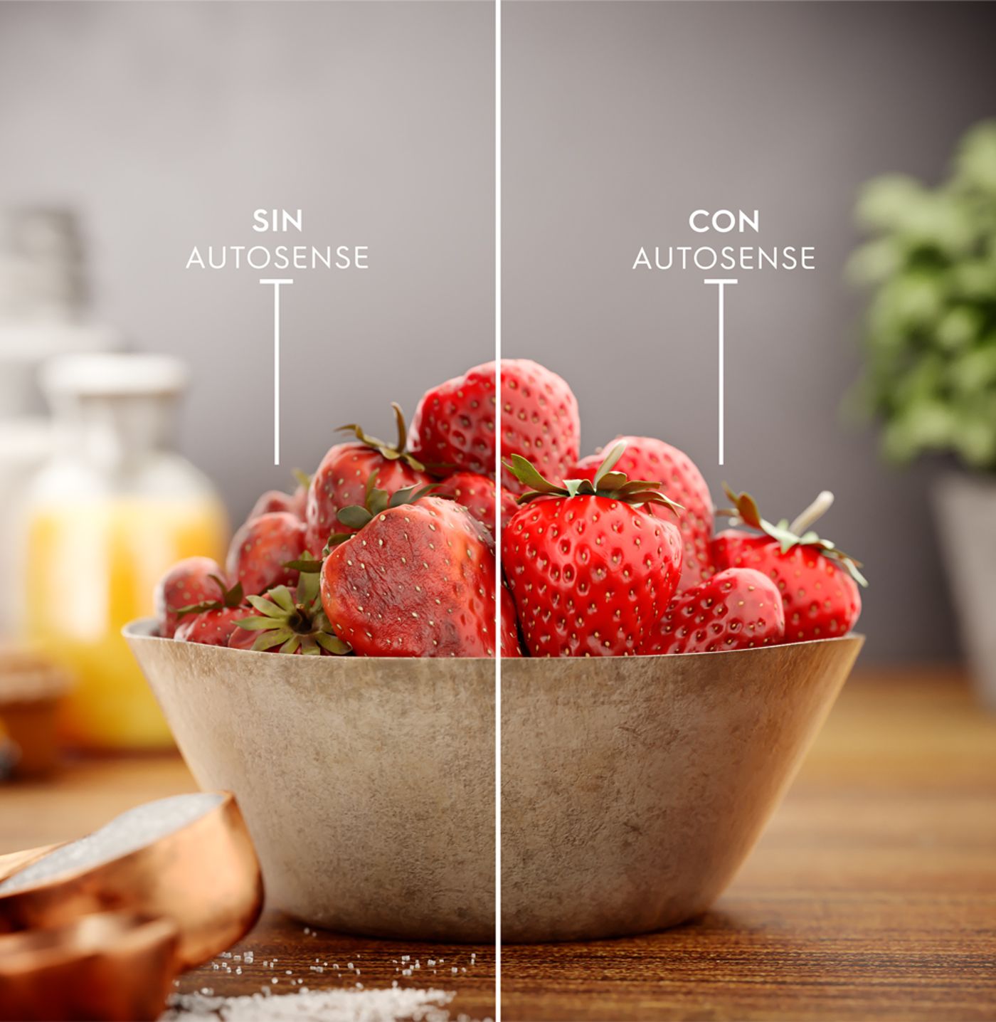 Fresas frescas en un tazón con comparación de almacenamiento en refrigeradora inverter 15 pies