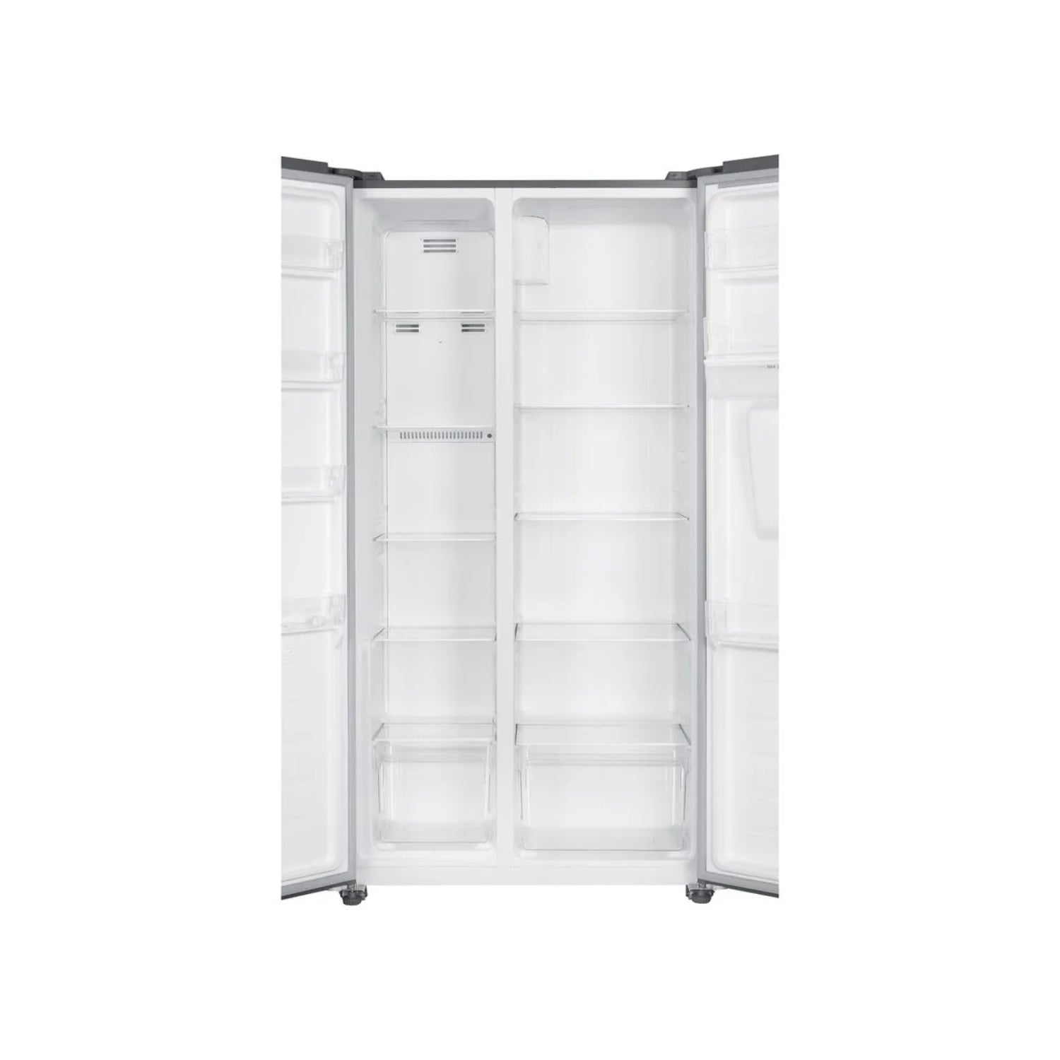 Interior de refrigeradora moderna con dispensador de agua, estantes amplios y diseño funcional