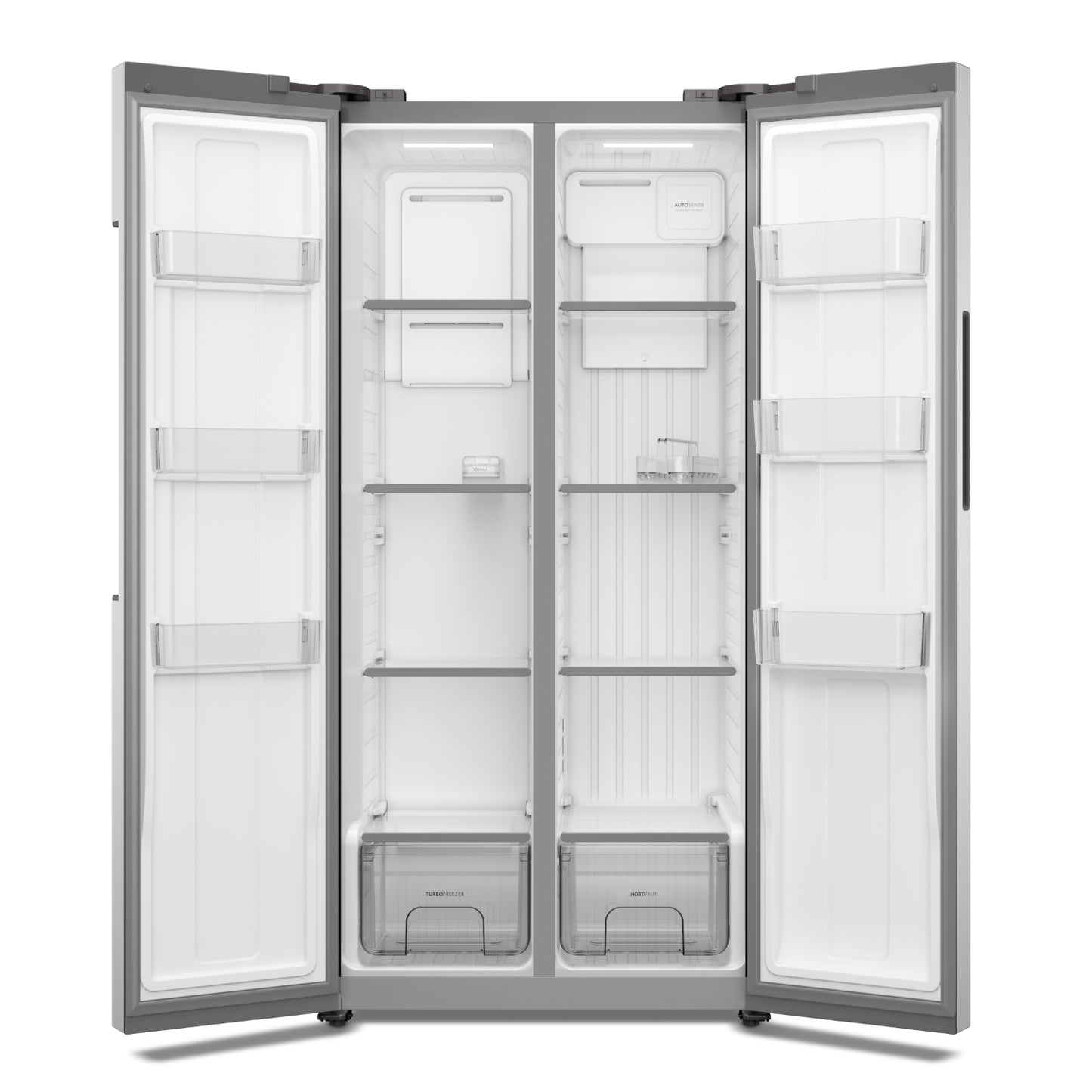 Refrigeradora moderna con dispensador de agua, vista frontal, interior vacío y estantes de vidrio.