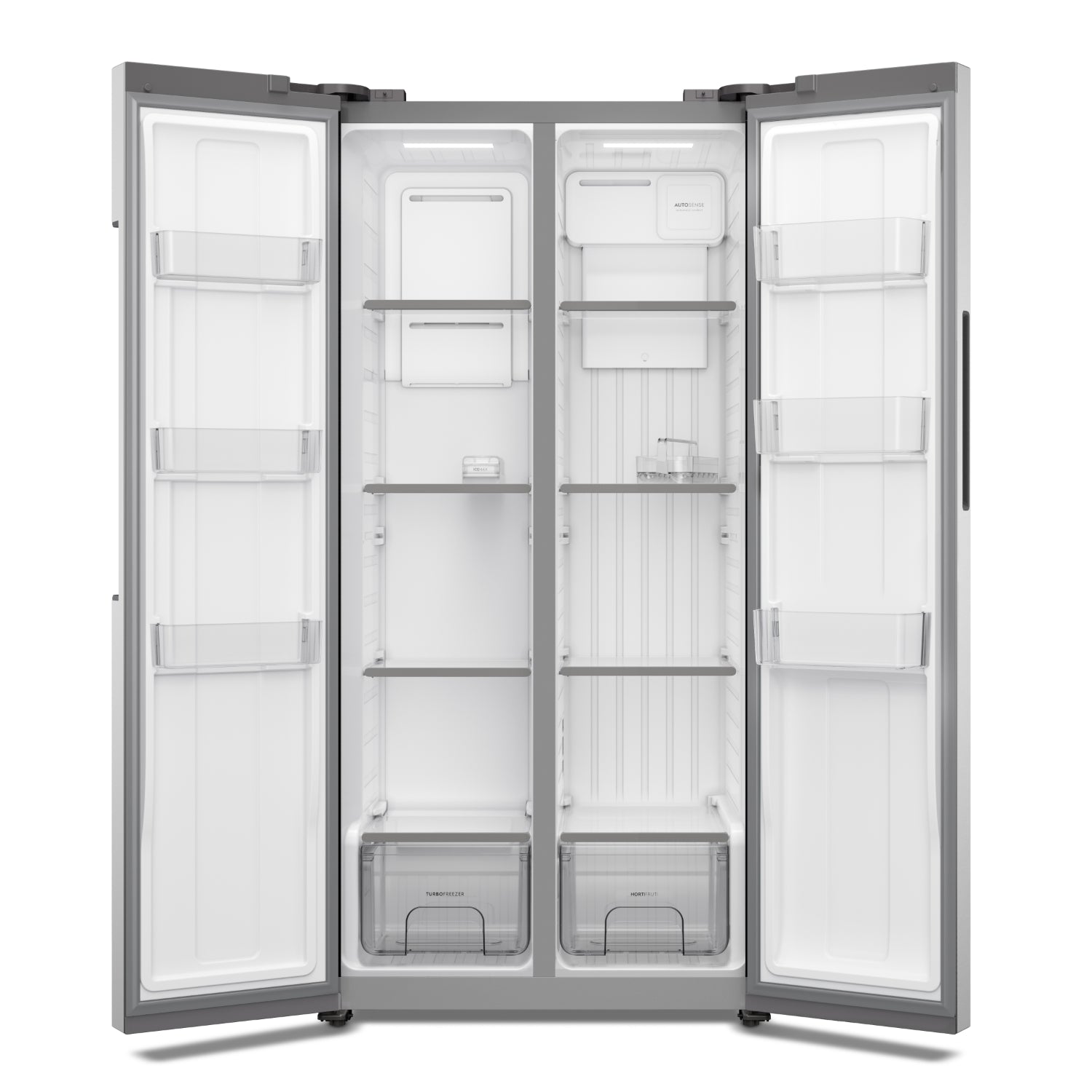 Refrigeradora moderna con dispensador de agua, vista frontal, interior vacío y estantes de vidrio.