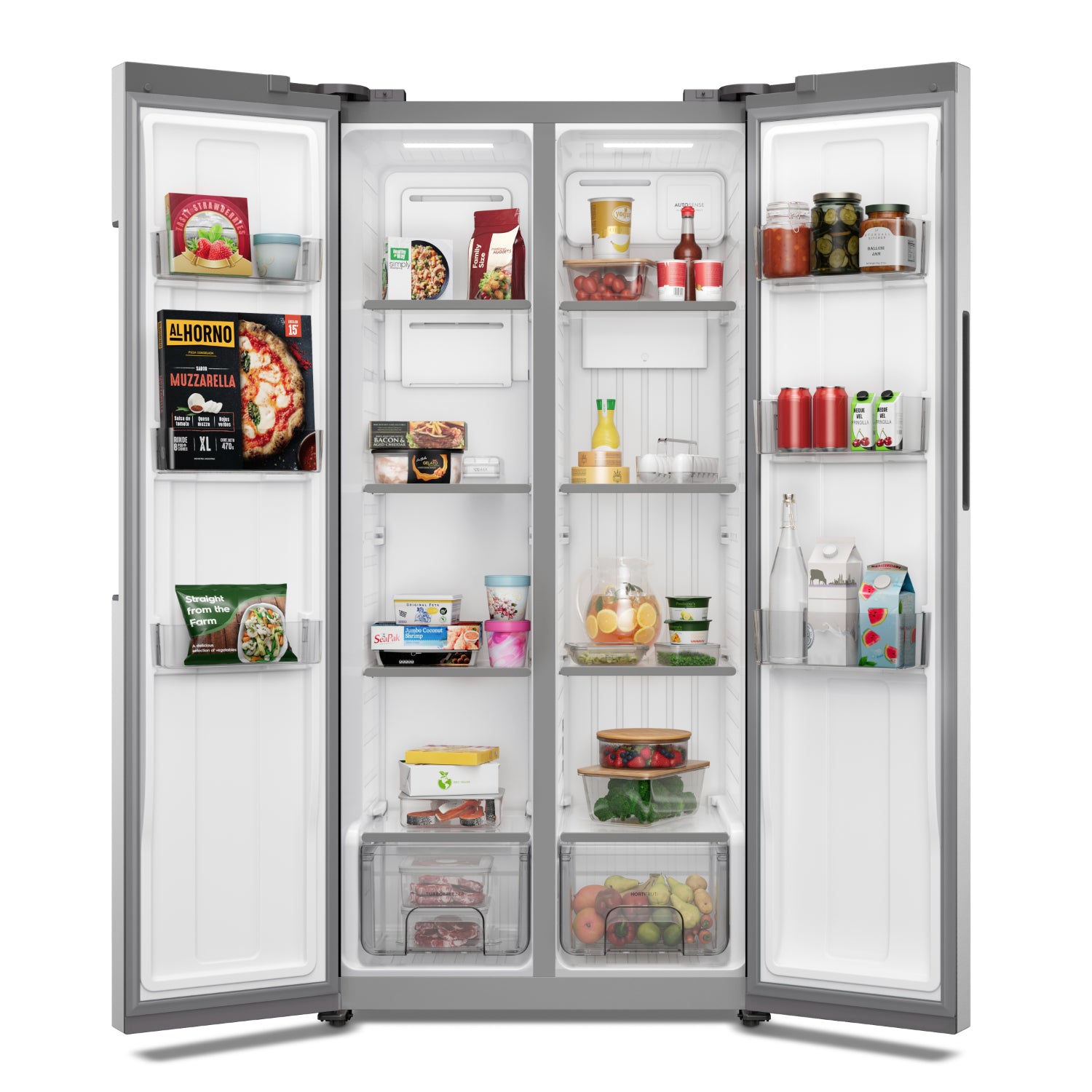 refrigeradora moderna con dispensador de agua, interior y productos organizados