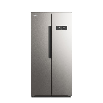 Refrigeradora moderna con dispensador de agua, color acero, vista frontal