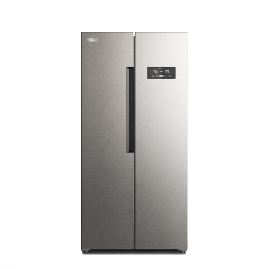 Refrigeradora moderna con dispensador de agua, color acero, vista frontal