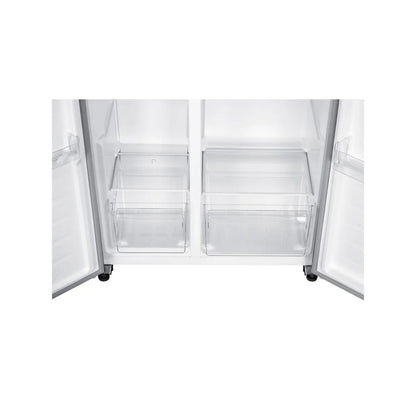 Interior de una refrigeradora moderna con dispensador de agua de FRIGIDAIRE, con estantes y cajones de almacenamiento.