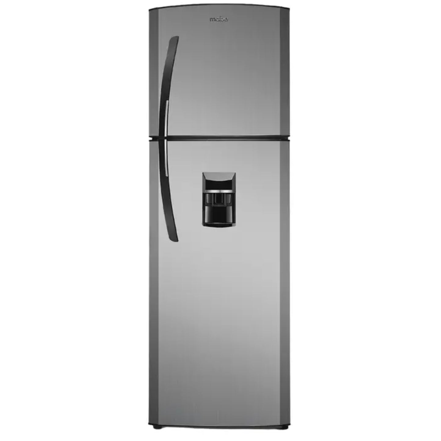 refrigeradora MABE gris frontal, con dispensador de agua, cocina moderna