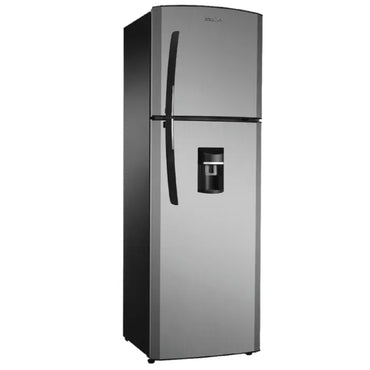 Refrigeradora MABE gris en vista frontal, con dispensador de agua