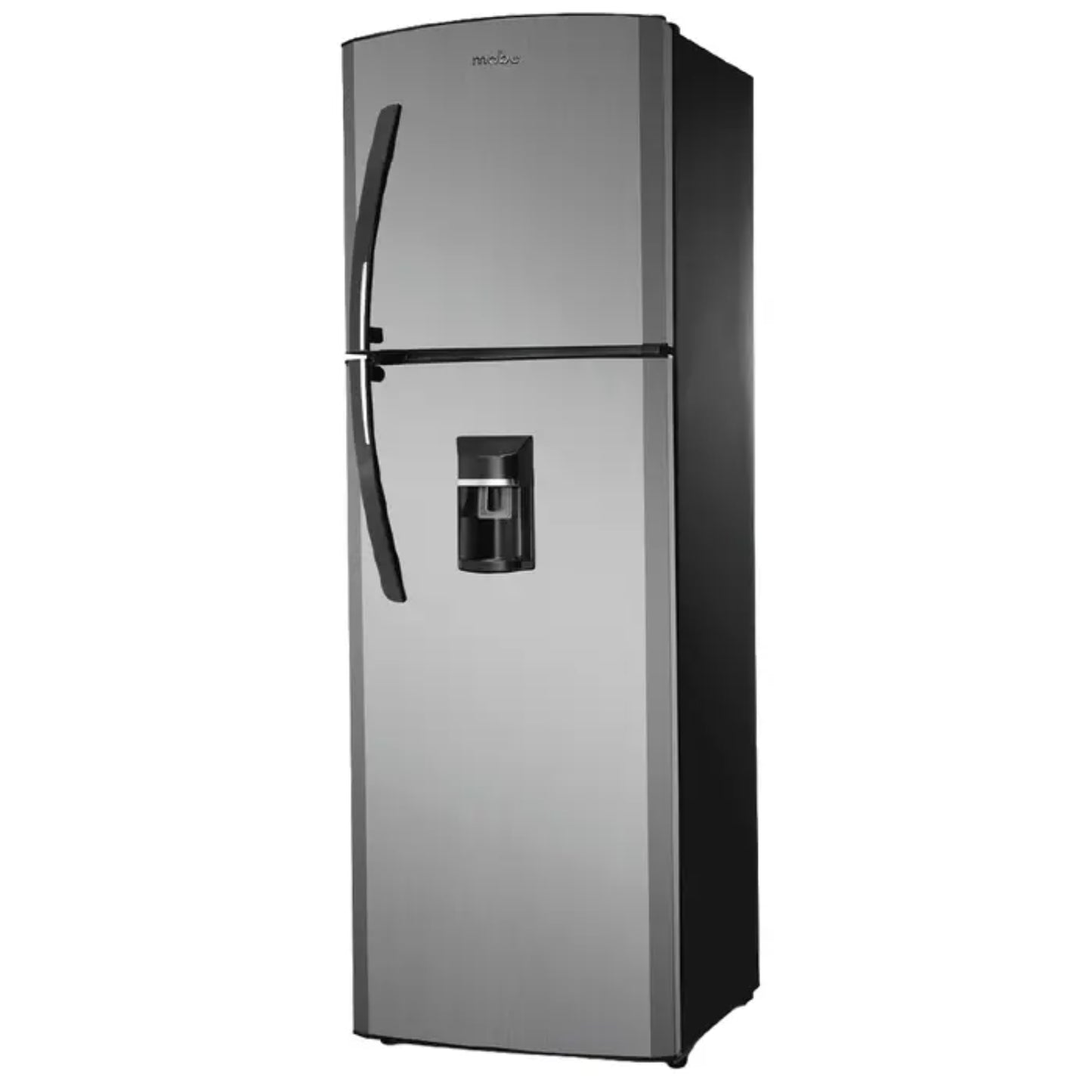Refrigeradora MABE gris frontal con dispensador de agua en cocina