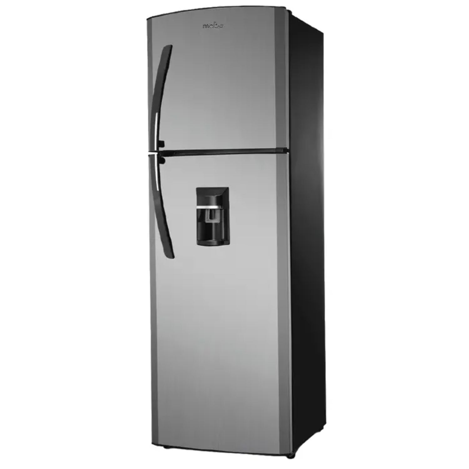 Refrigeradora MABE gris frontal con dispensador de agua en cocina