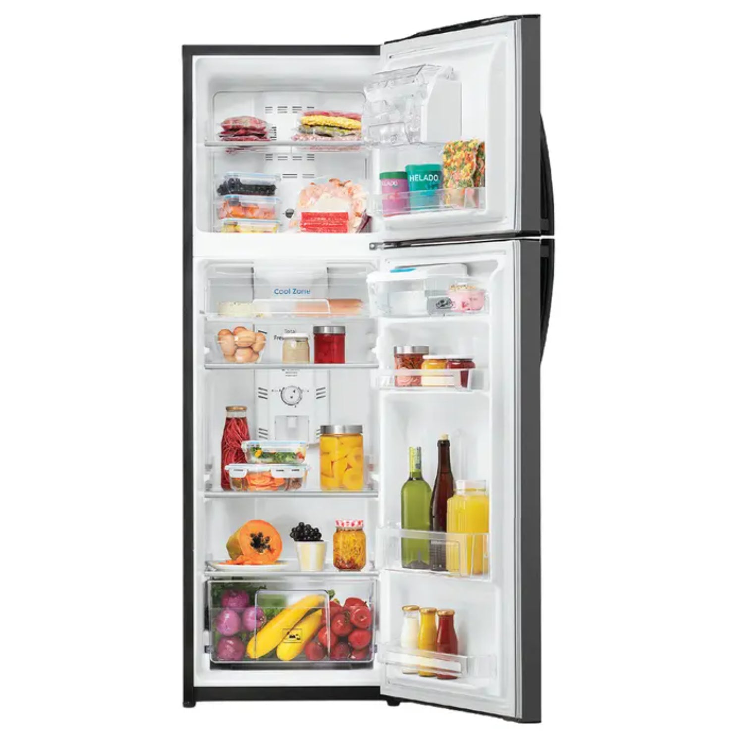 refrigeradora MABE negra, vista frontal, llena de comida y bebidas