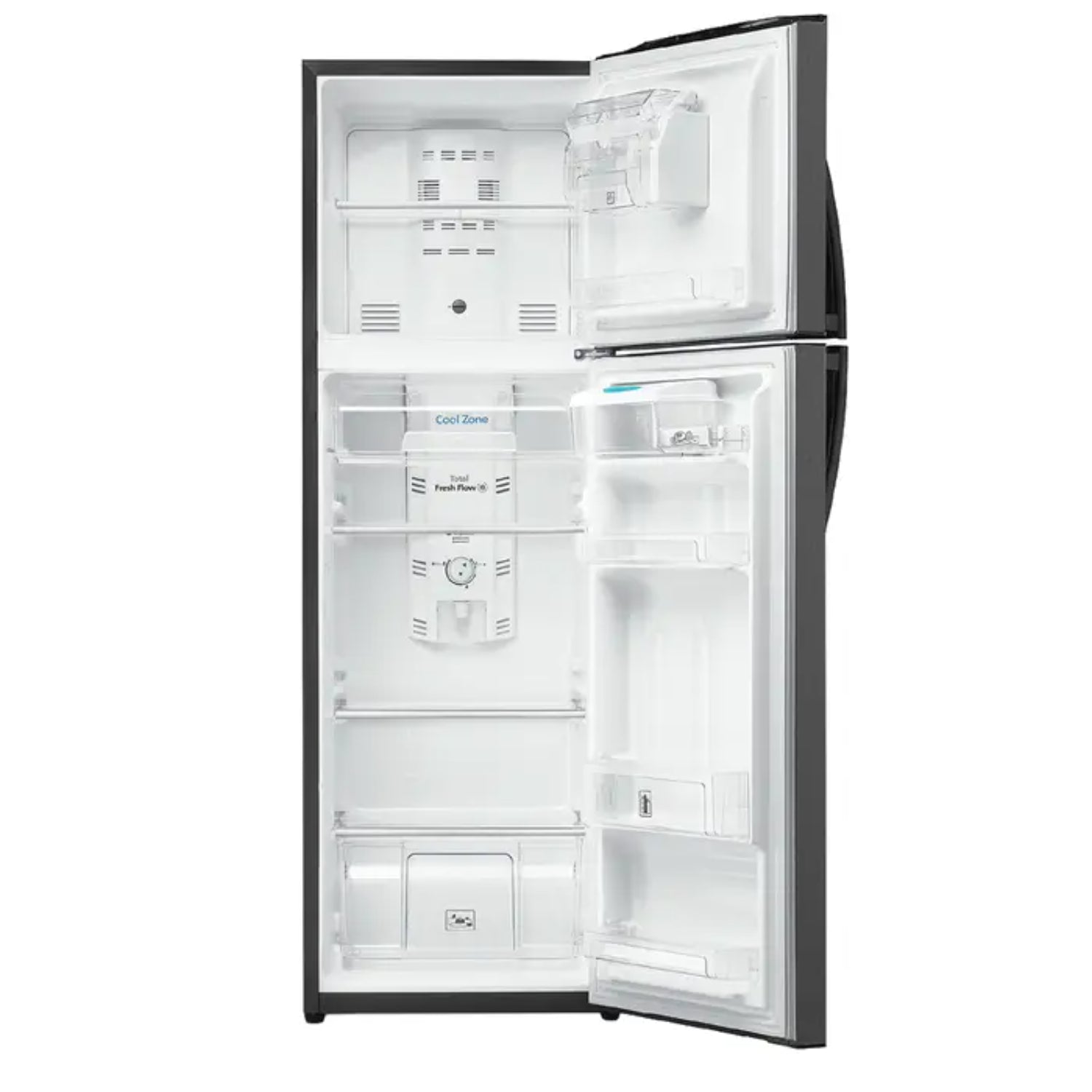 refrigeradora MABE modelo LL010110 vista frontal con estantes internos vacíos