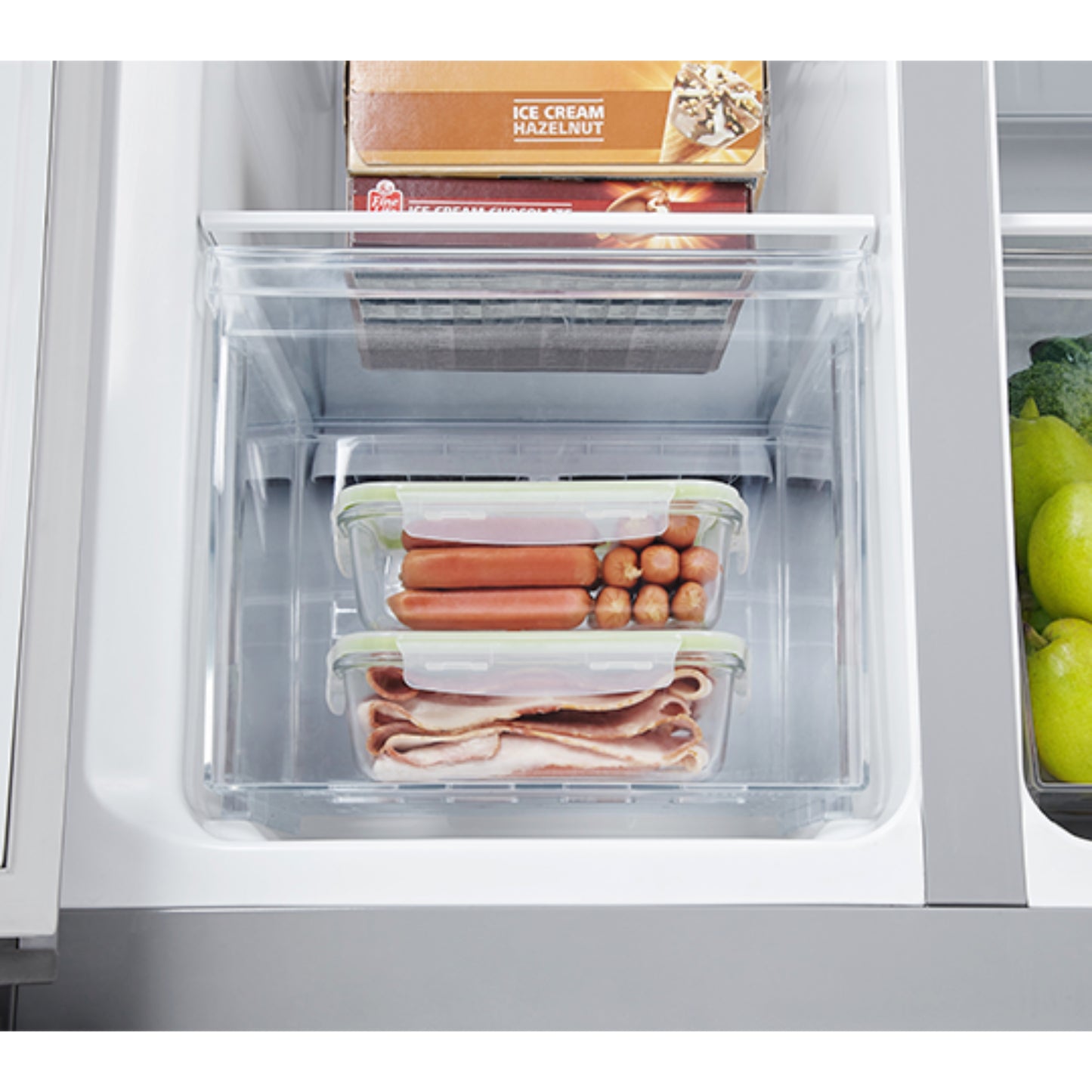 Interior de la refrigeradora side by side 16 pies inverter con compartimentos de almacenamiento de alimentos