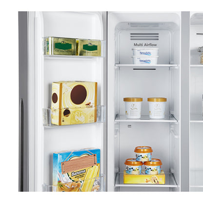 Interior de la refrigeradora side by side 16 pies inverter de HISENSE con estantes y compartimentos organizados
