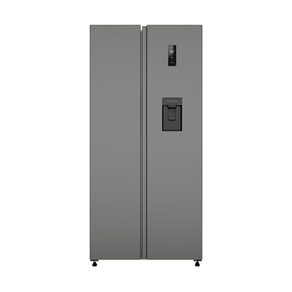 Refrigeradora side by side 16 pies inverter de HISENSE en color gris con dispensador de agua