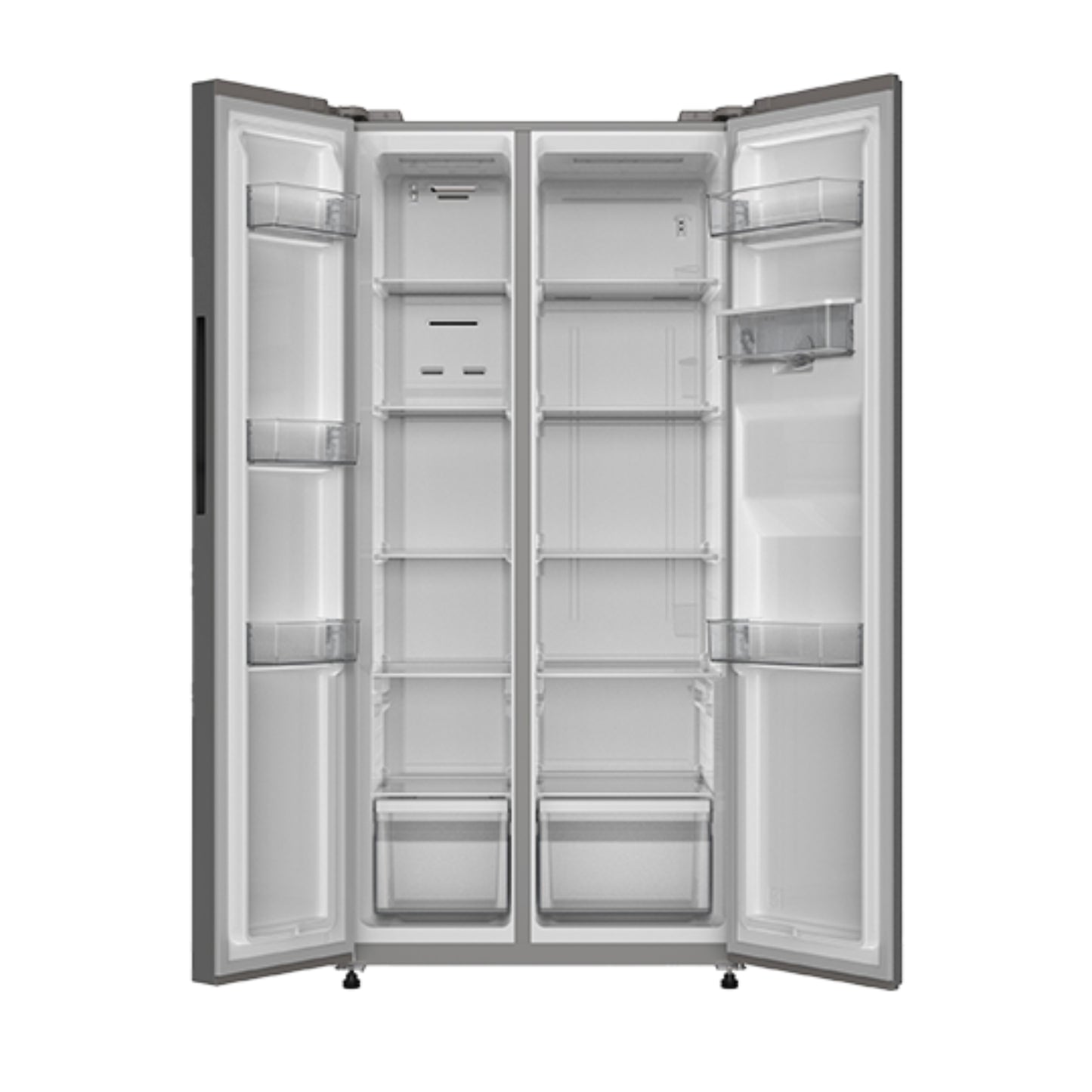 Interior de la refrigeradora side by side 16 pies inverter HISENSE con estantes amplios y cajones espaciosos