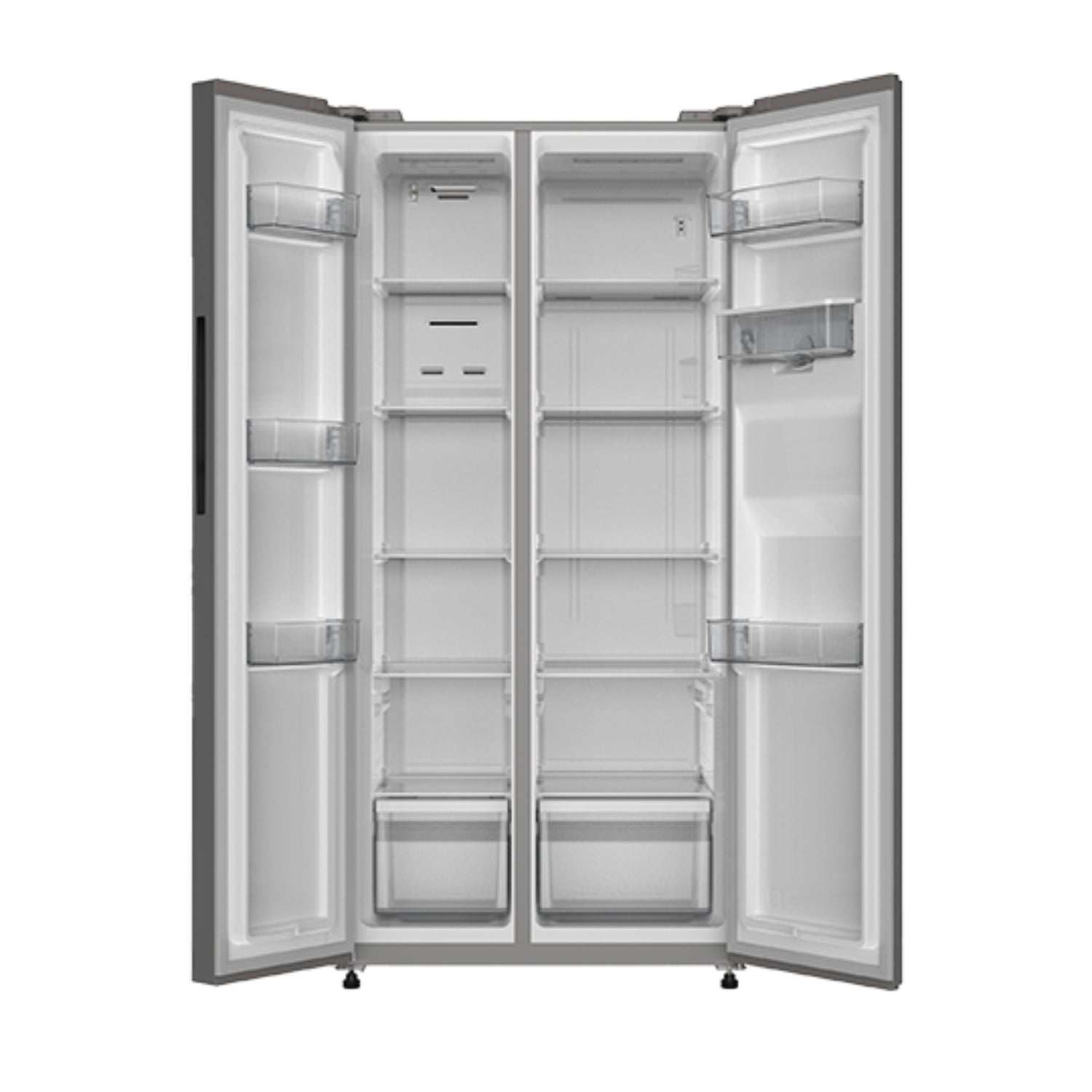 Interior de la refrigeradora side by side 16 pies inverter HISENSE con estantes amplios y cajones espaciosos