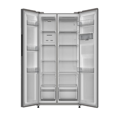 Interior de la refrigeradora side by side 16 pies inverter HISENSE con estantes amplios y cajones espaciosos