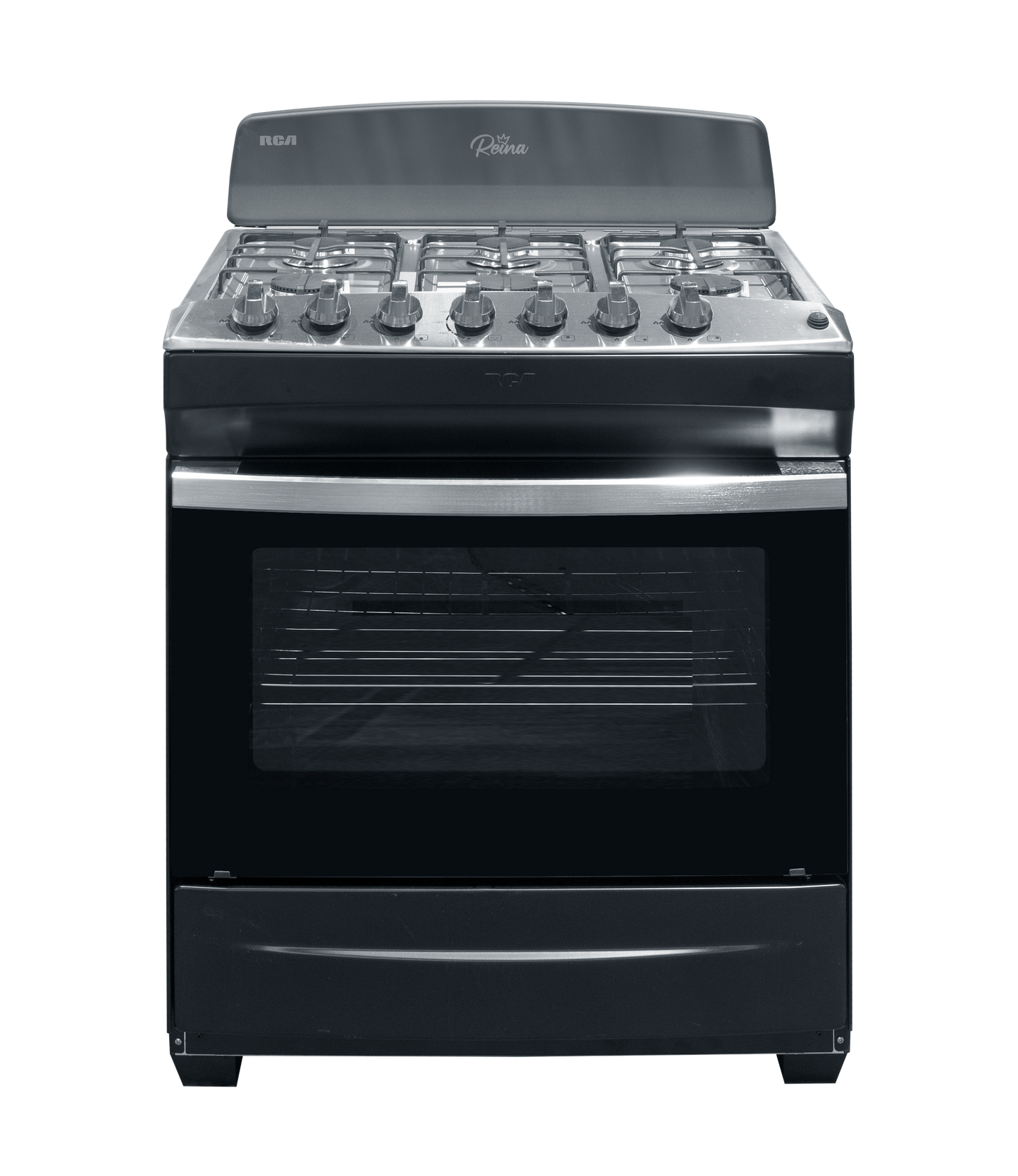 Estufa a gas RCA negra frontal, cocina moderna y eficiente