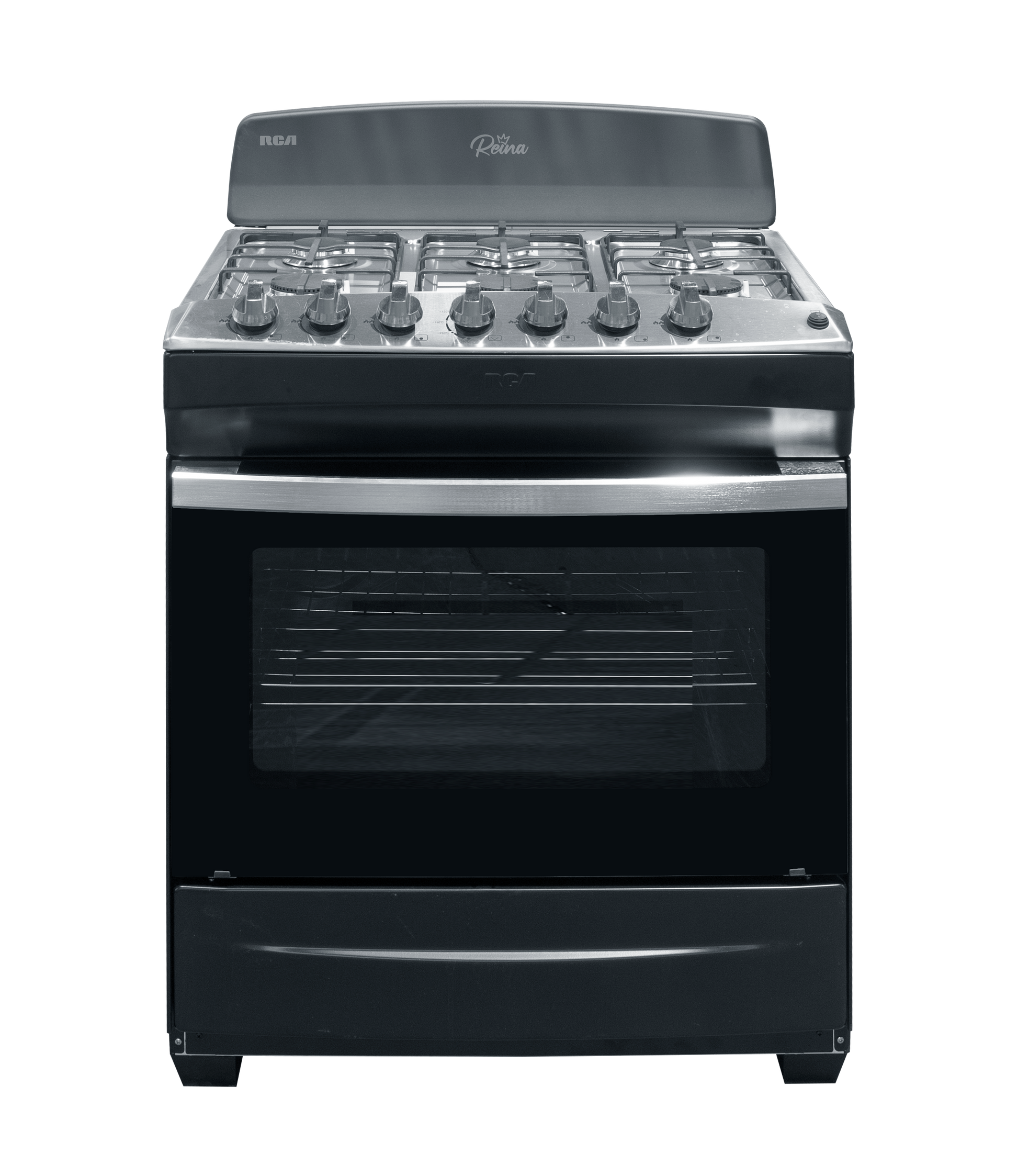 Estufa a gas RCA negra frontal, cocina moderna y eficiente