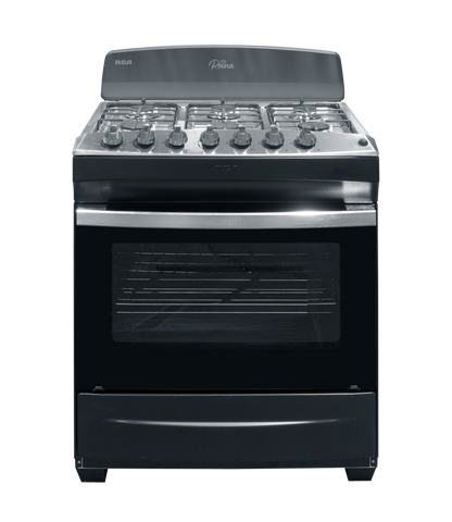 Estufa a gas RCA negra frontal, cocina moderna y eficiente