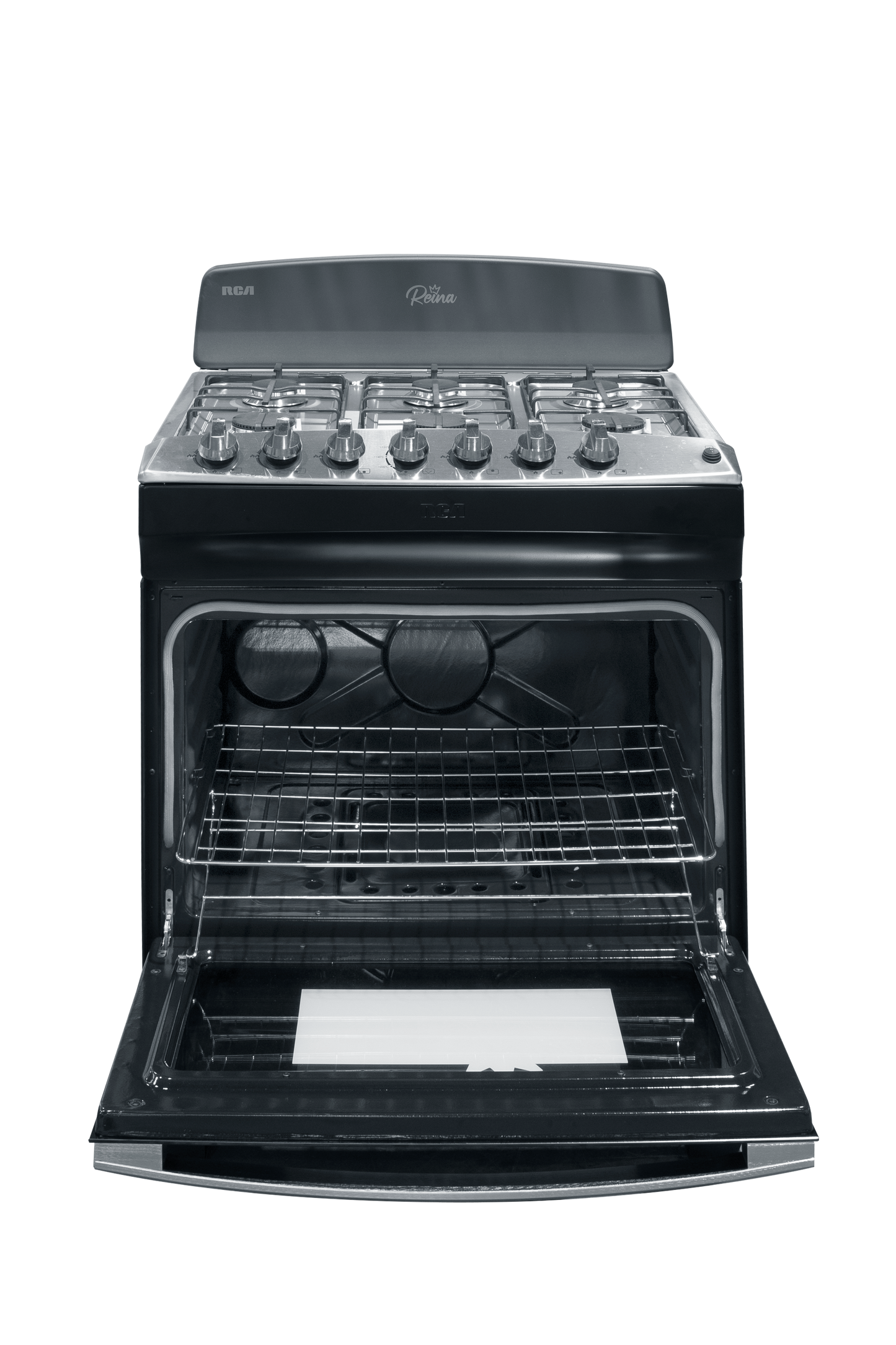 Estufa a gas RCA modelo negro con horno frontal expuesto y parrillas ajustables