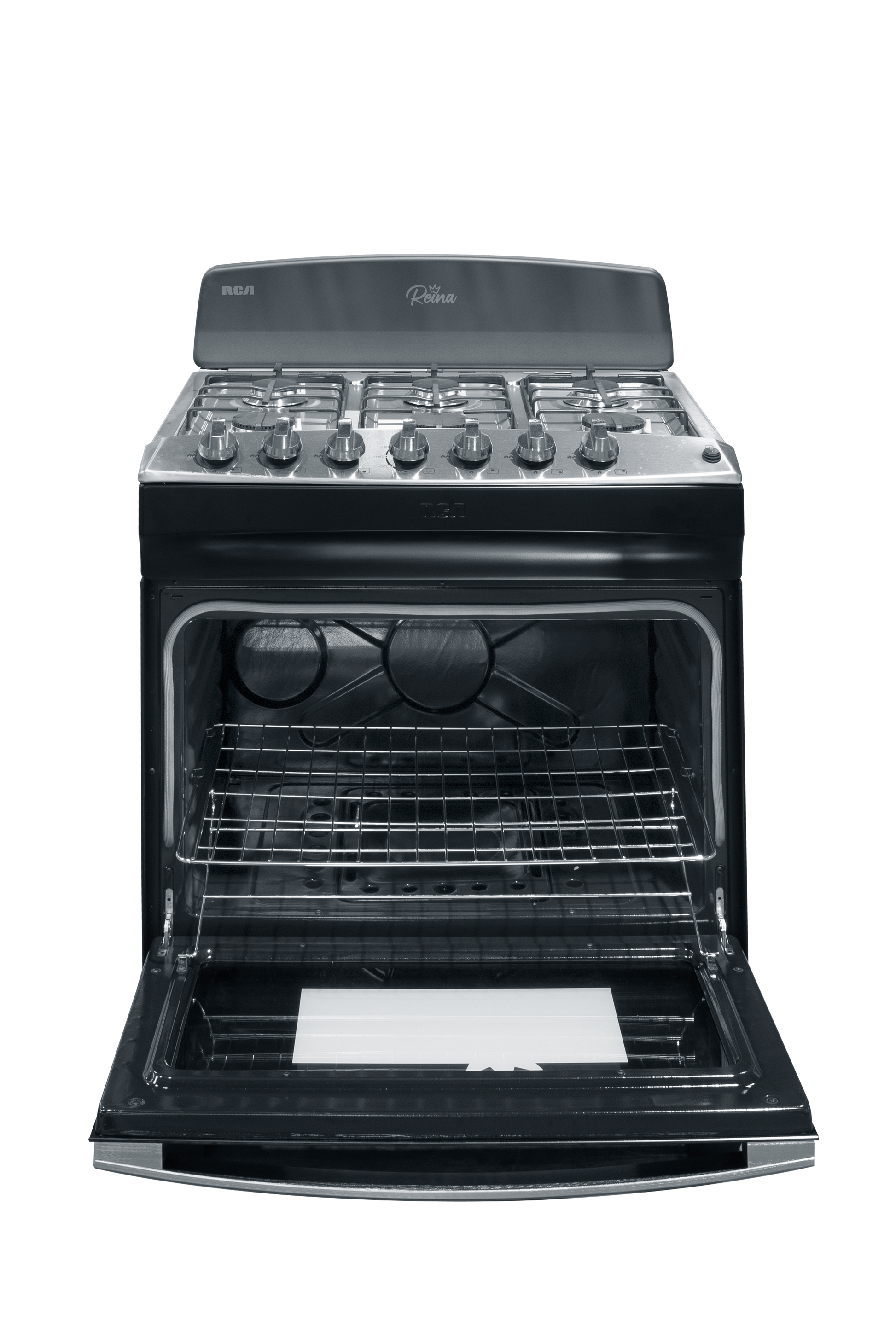 Estufa a gas RCA modelo negro con horno frontal expuesto y parrillas ajustables