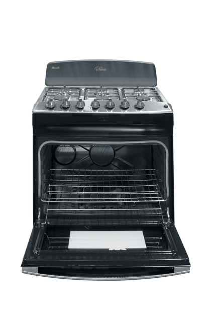 Estufa a gas RCA modelo negro con horno frontal expuesto y parrillas ajustables