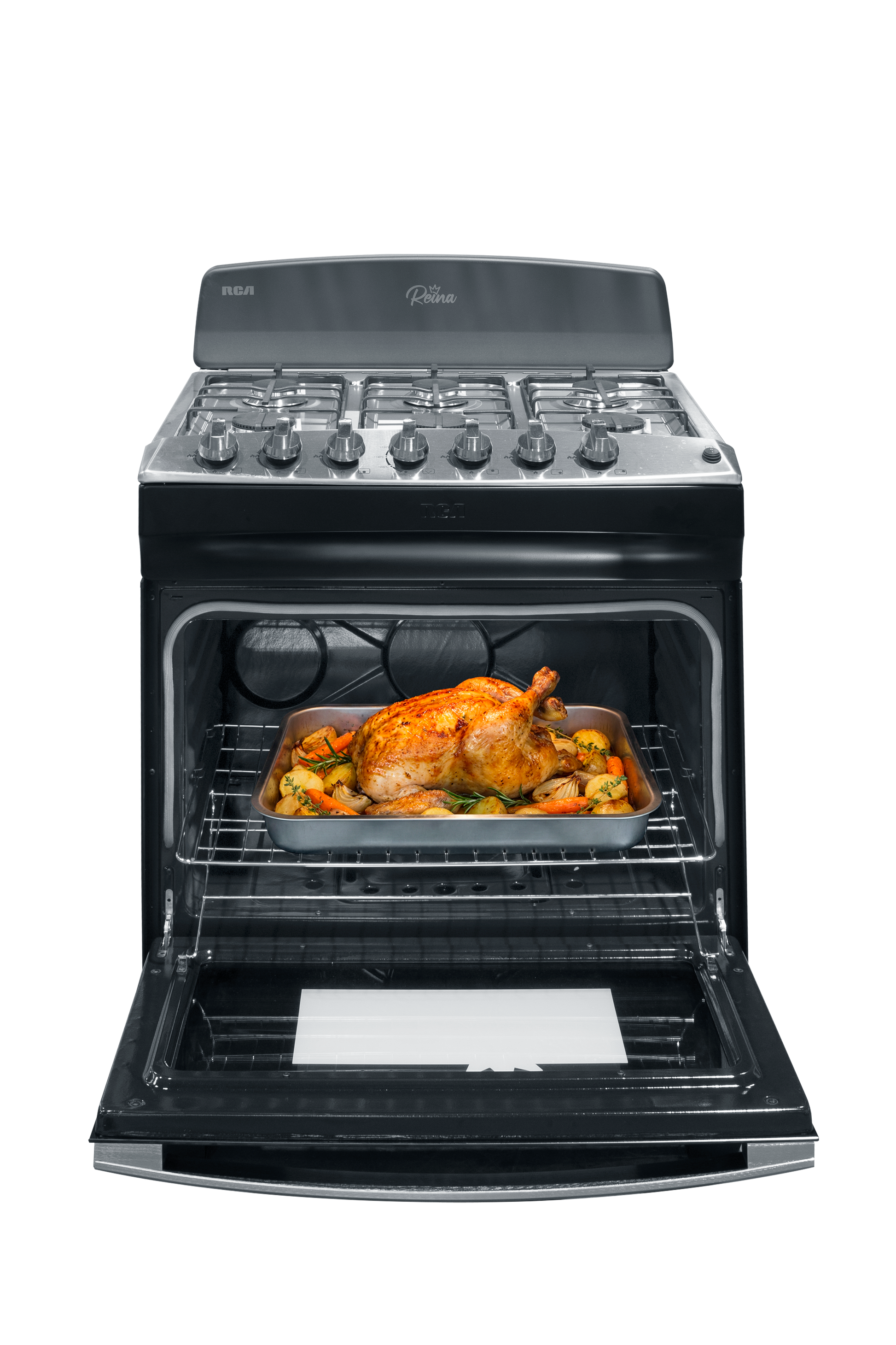 Estufa a gas RCA negra frontal, horno con pollo asado y verduras