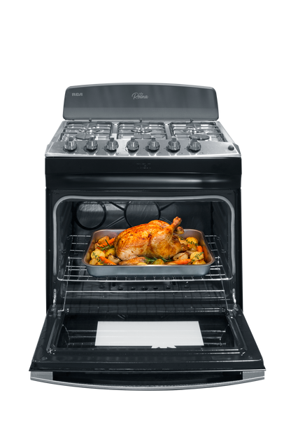 Estufa a gas RCA negra frontal, horno con pollo asado y verduras