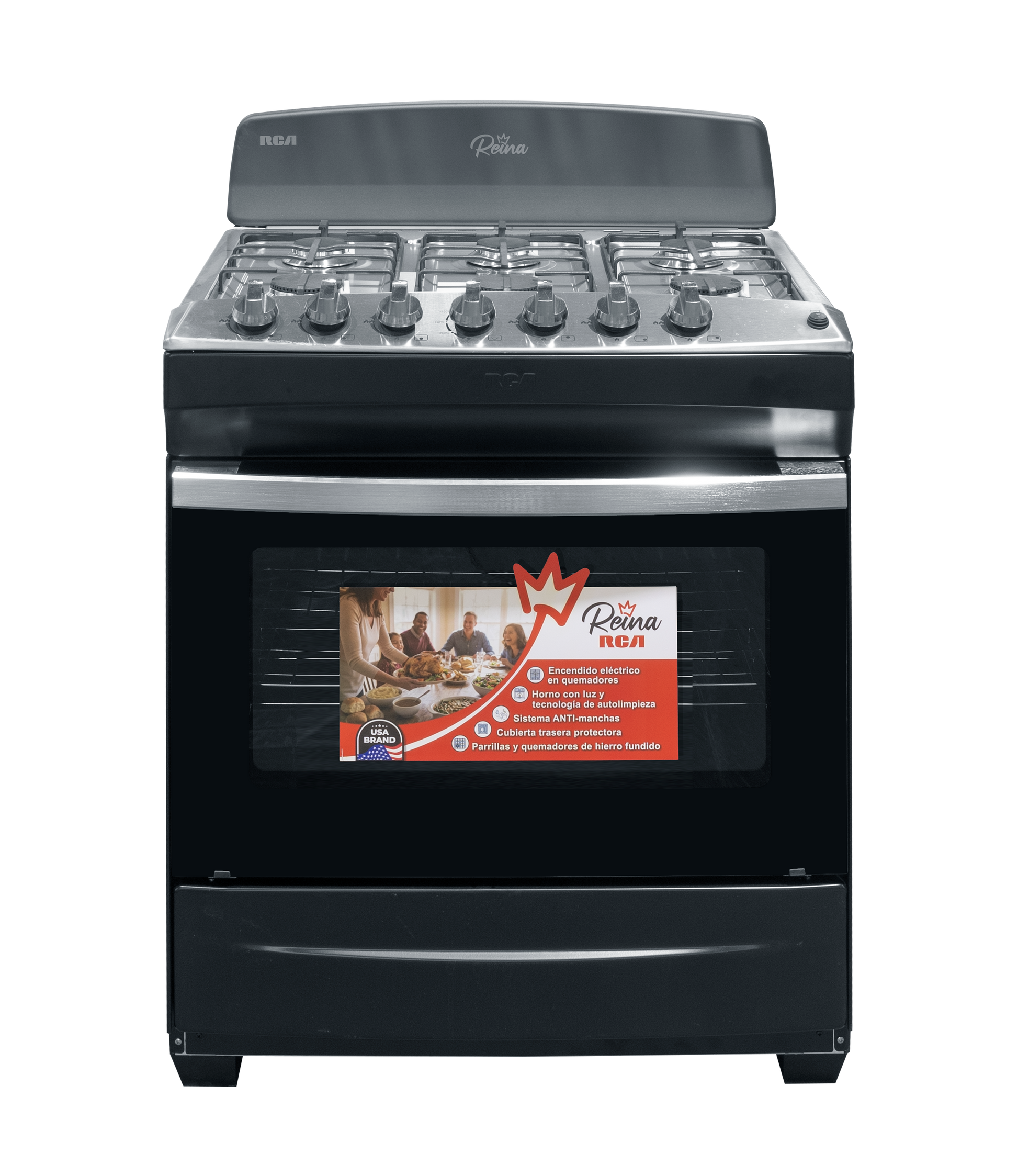 Estufa a gas RCA negra frontal en cocina moderna con panel de control