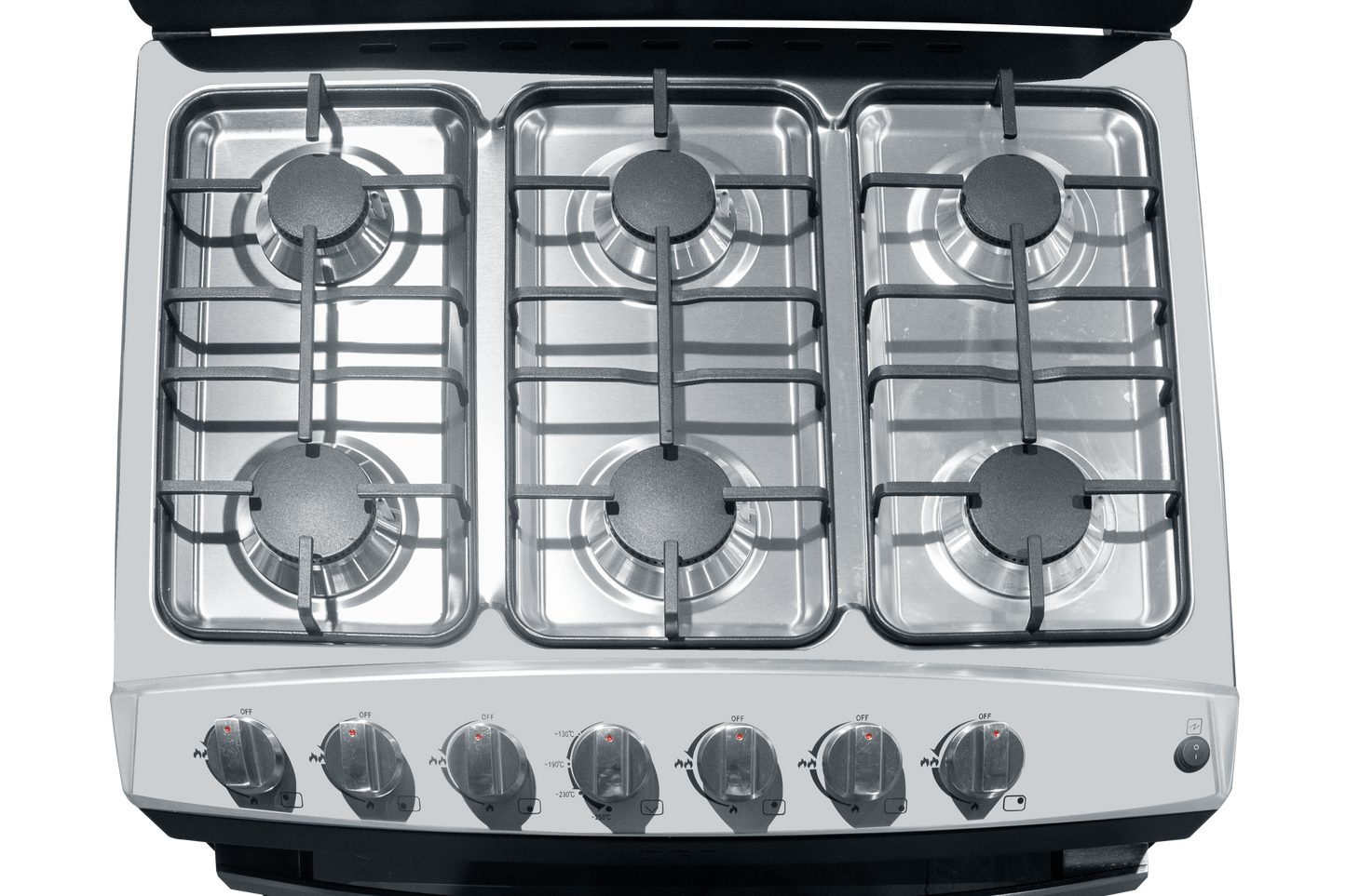 Estufa a gas con cuatro quemadores y controles frontales, cocina moderna