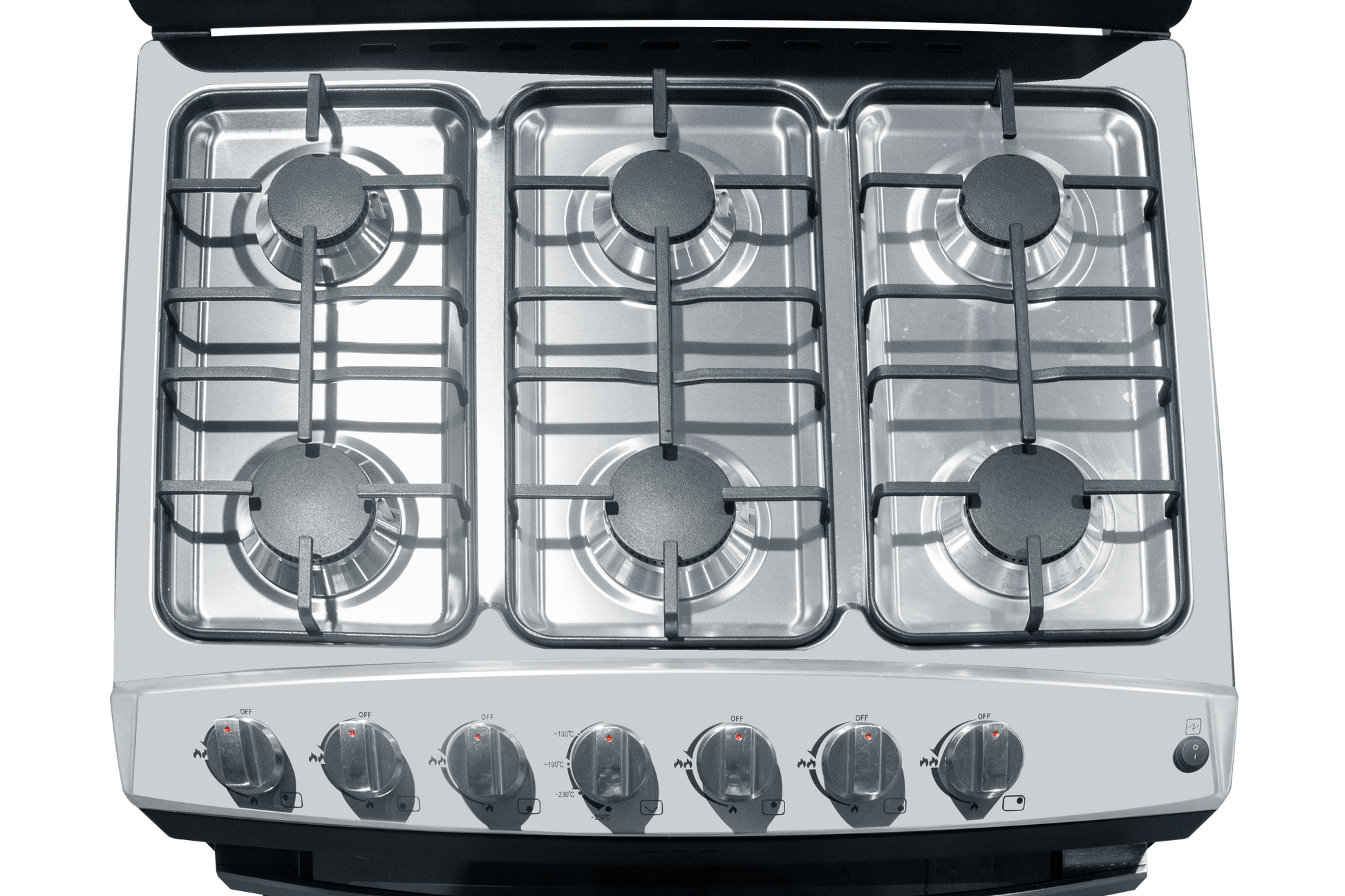 Estufa a gas con cuatro quemadores y controles frontales, cocina moderna