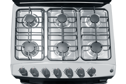 Estufa a gas con cuatro quemadores y controles frontales, cocina moderna