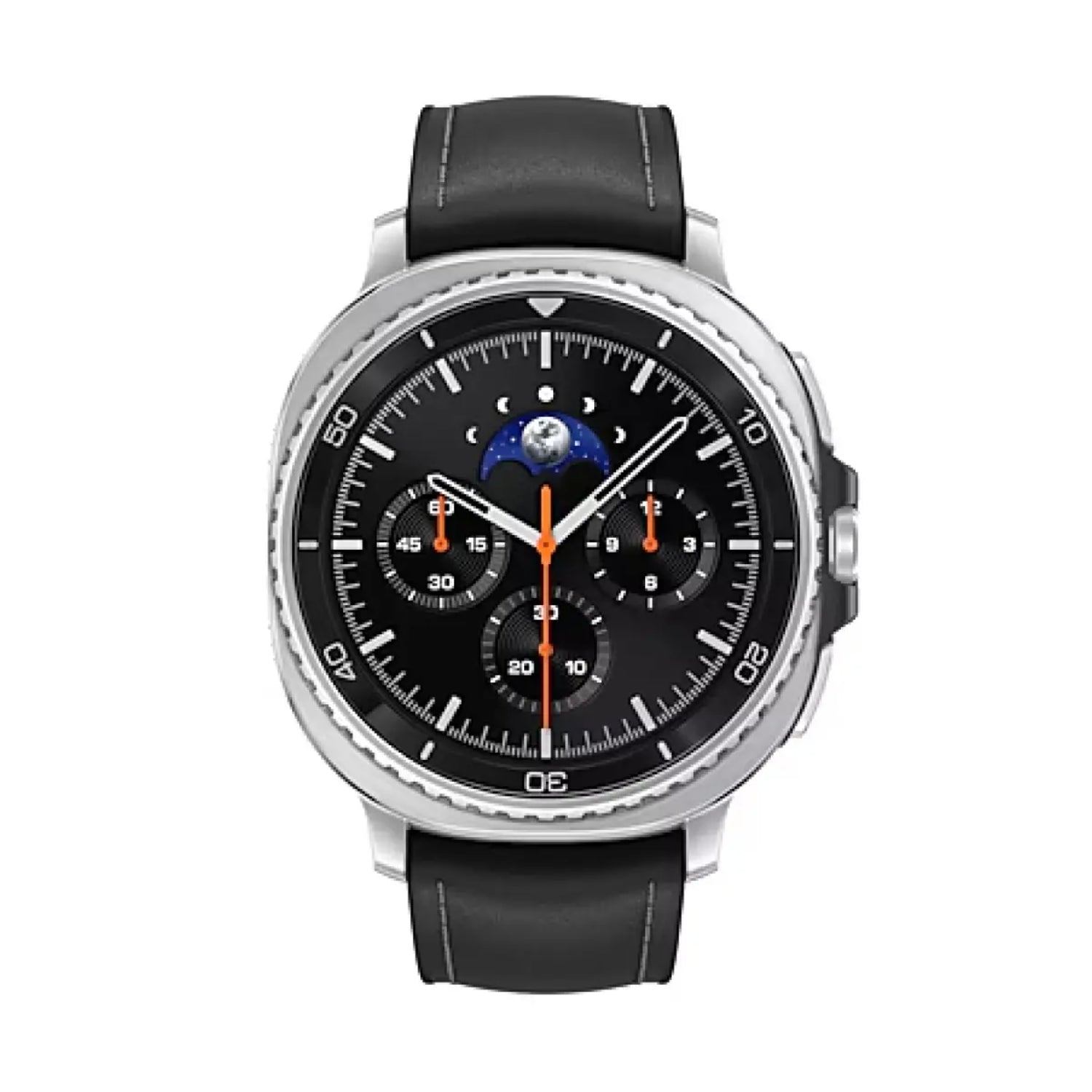 reloj inteligente negro de Samsung, vista frontal con esferas analógicas