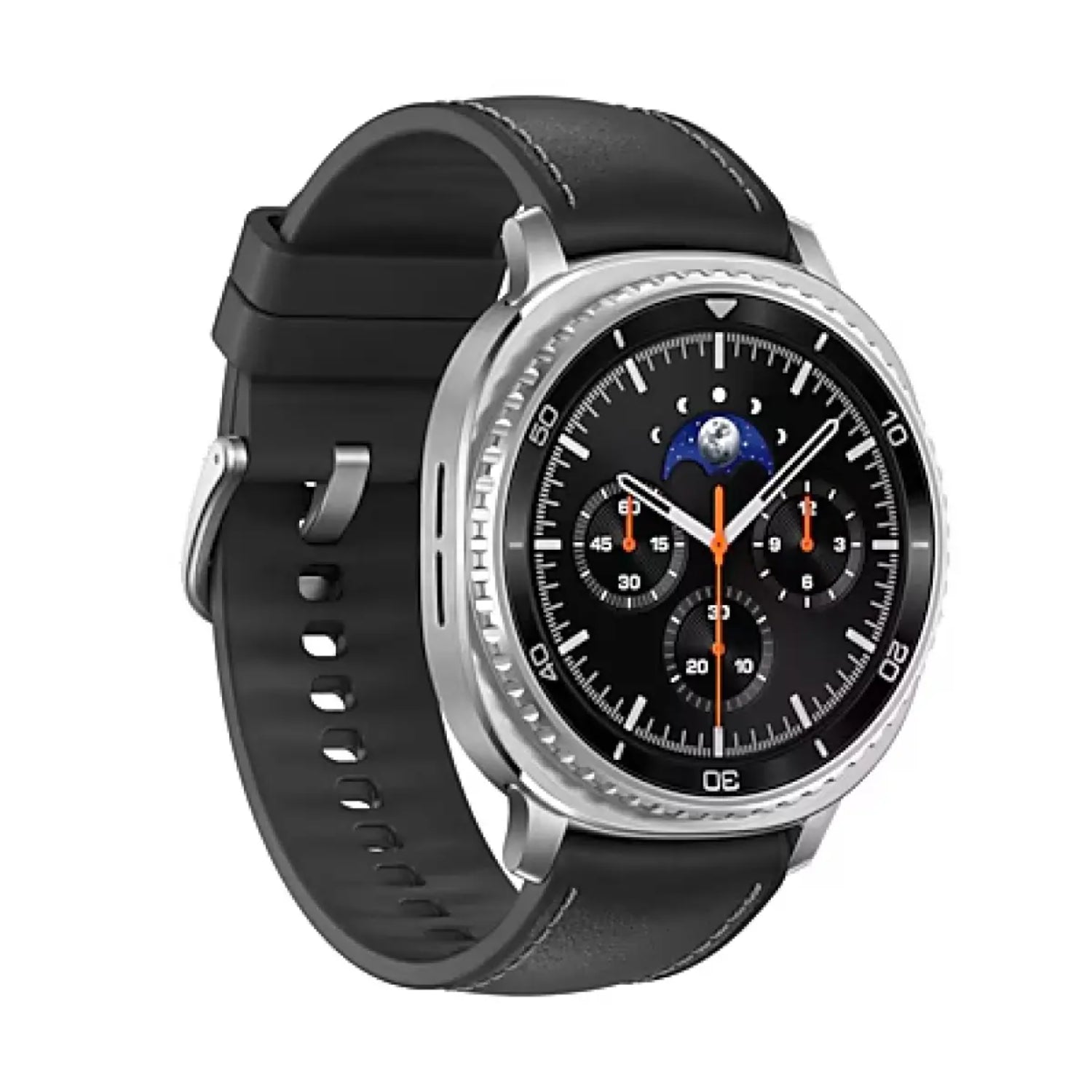 Reloj inteligente Samsung negro, vista lateral con esfera digital y correas de cuero.