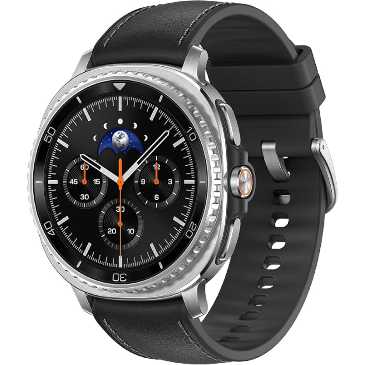 reloj inteligente negro frontal con esfera analógica y detalles en plata