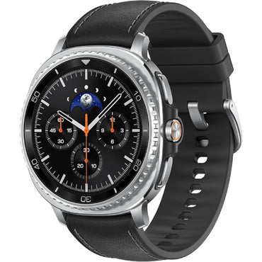reloj inteligente negro frontal con esfera analógica y detalles en plata