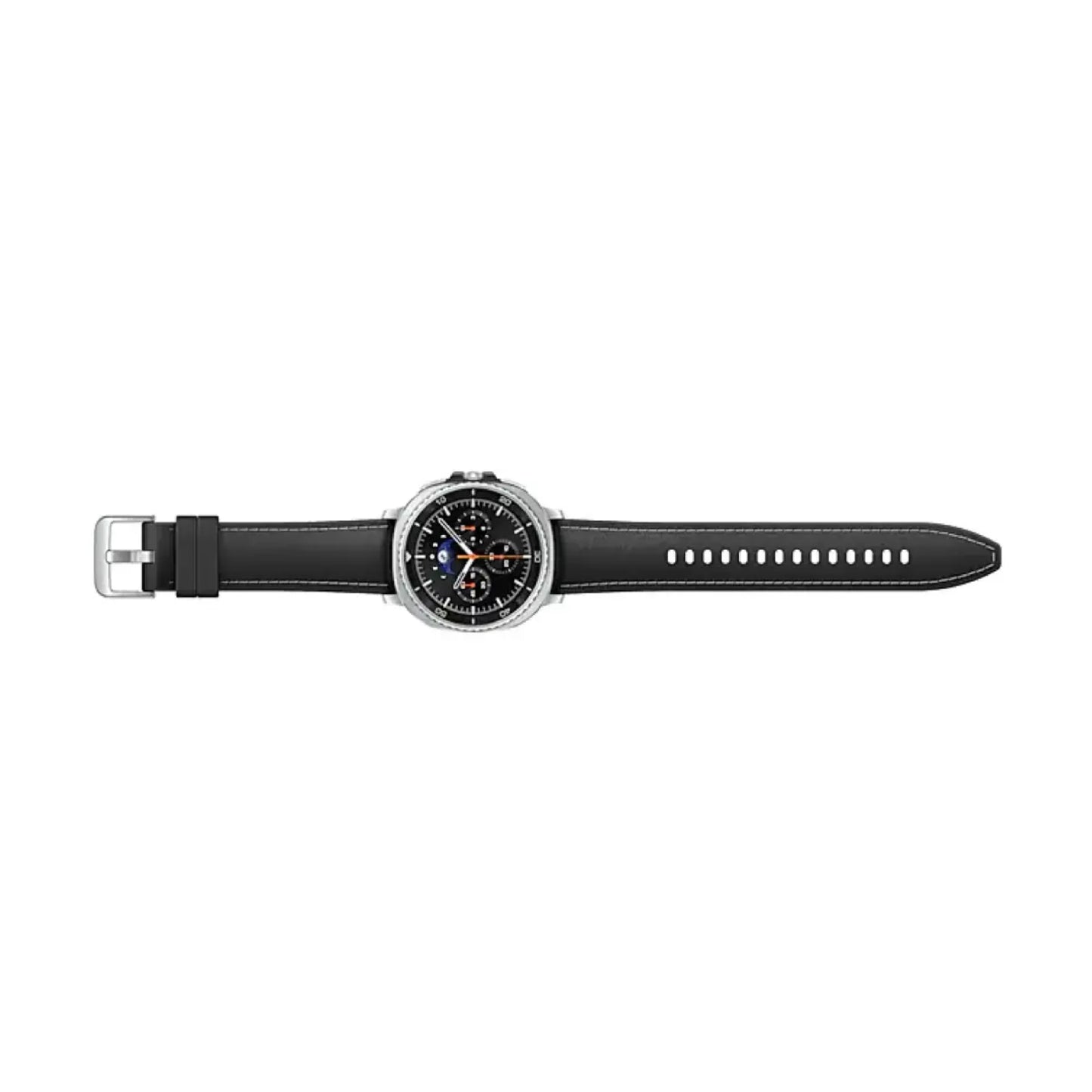 reloj inteligente negro SAMSUNG, vista lateral con correa de piel