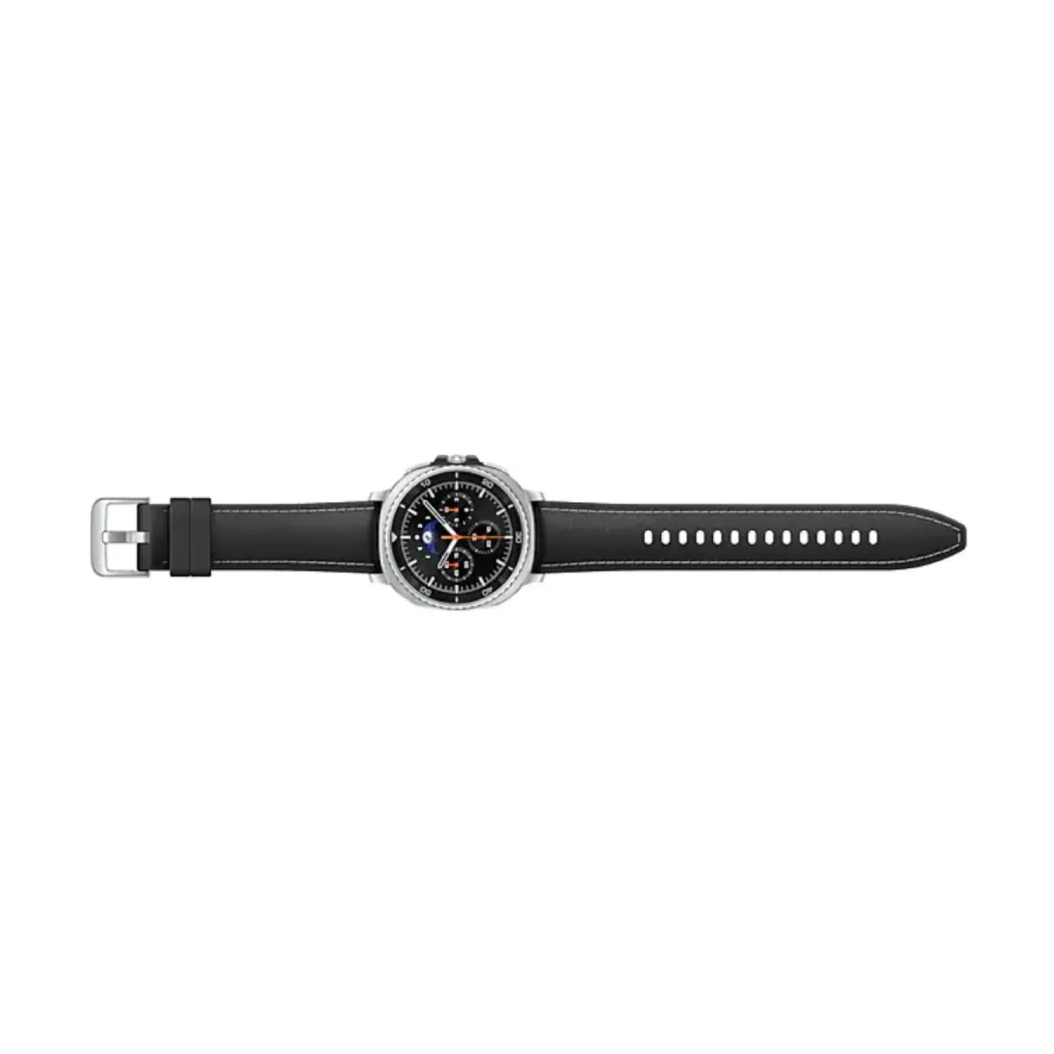 reloj inteligente negro SAMSUNG, vista lateral con correa de piel