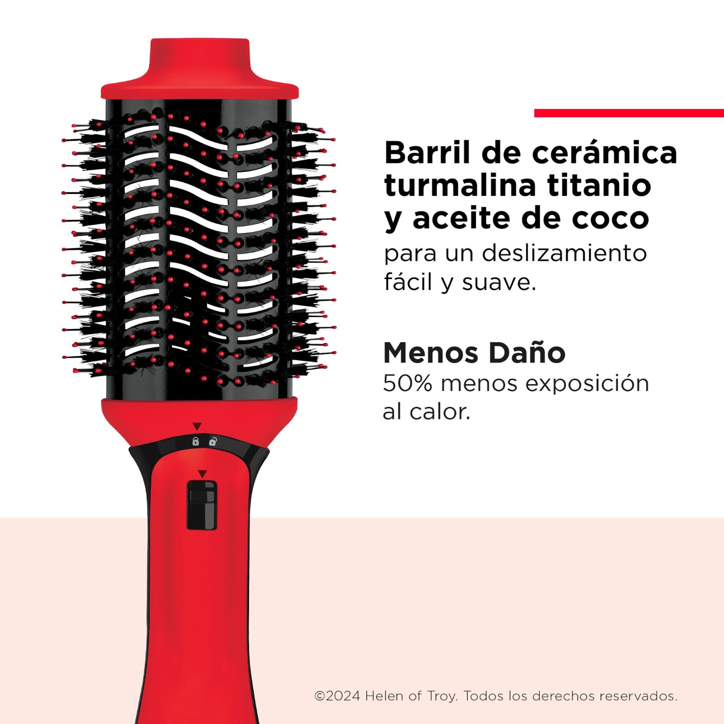 Cepillo alisador eléctrico Revlon rojo con barril de cerámica, turmalina, titanio y aceite de coco