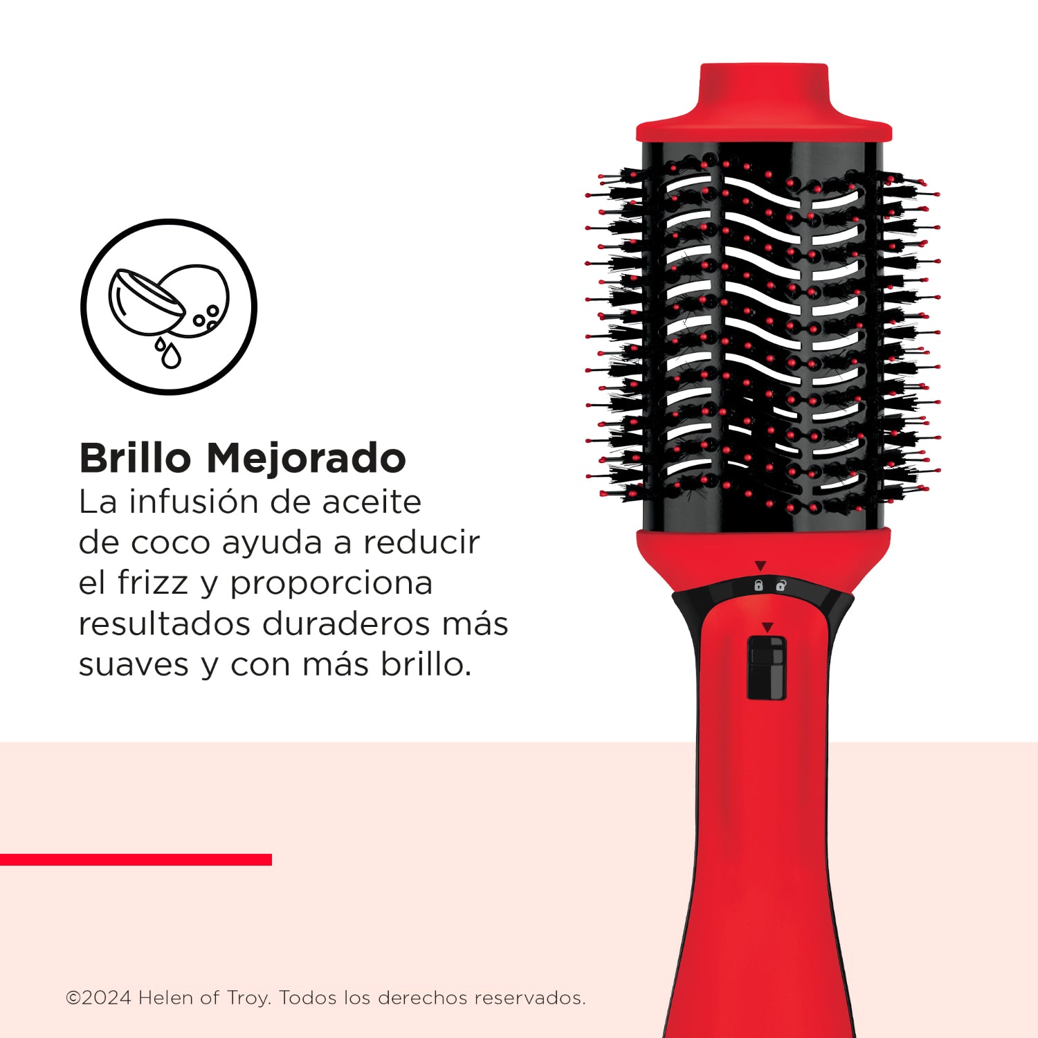 Cepillo alisador eléctrico REVLON rojo con cerdas negras y botón de control para peinar y alisar el cabello