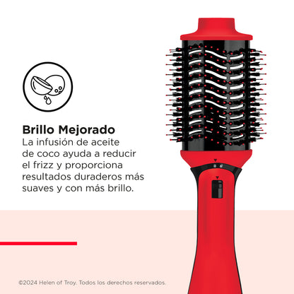 Cepillo alisador eléctrico REVLON rojo con cerdas negras y botón de control para peinar y alisar el cabello